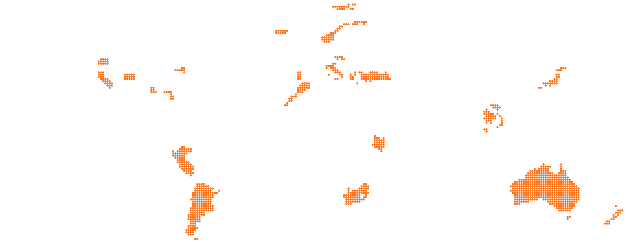 A world map with countries across every continent shaded in, and several US states shaded individually